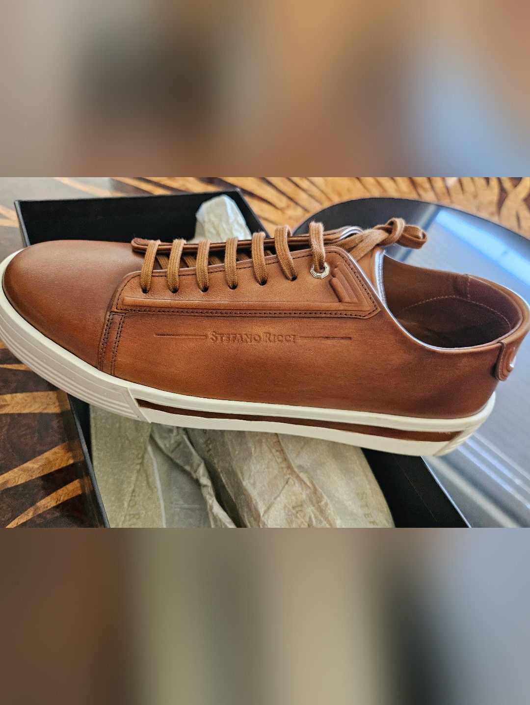 Stefano Ricci Tan Leather Low-Top Sneaker With White Midsole